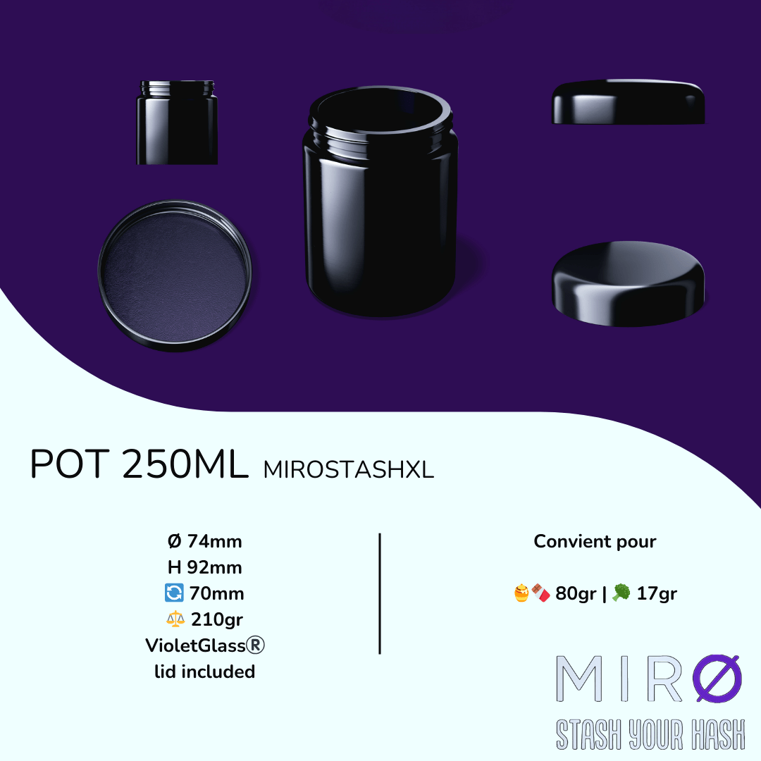 Pot MirØStash [XL] 250ml Glass Jar en verre Miron®️ | 🍯🍫 80gr | 🥦 17gr