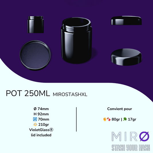 Pot MirØStash [XL] 250ml Glass Jar en verre Miron®️ | 🍯🍫 80gr | 🥦 17gr